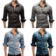 (Dark Gray,M)Camisa jeans masculina casual com gola redonda moda manga longa roupas presente