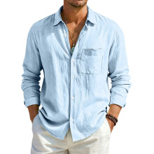 (Khaki,XXL)Mens Loose Fit Cotton Linen Cardigan Shirt With Long Sleeves And Classic Collar For Urban Style