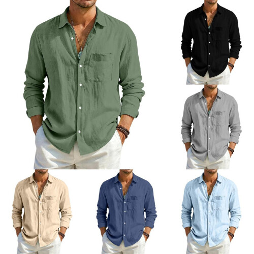 (Black,M)Camicia cardigan uomo larga cotone lino con maniche lunghe e colletto classico per stile urban 1