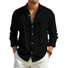 (Navy Blue,L)Mens Loose Fit Cotton Linen Cardigan Shirt With Long Sleeves And Classic Collar For Urban Style