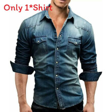 (Dark Blue,L)Camisa de mezclilla informal para hombre con cuello moda manga larga ropa de regalo