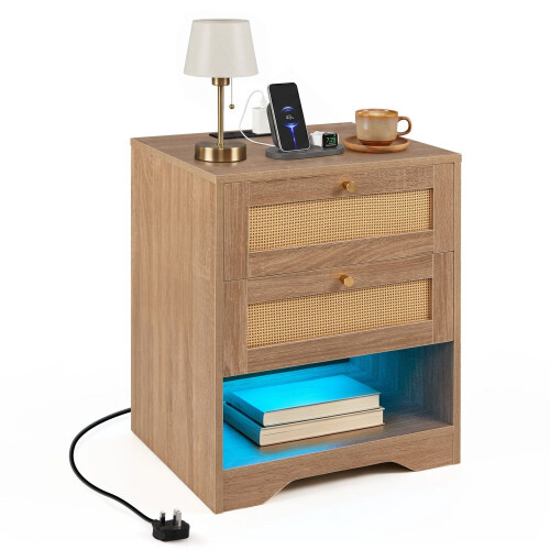 Table de chevet avec éclairage LED et station de recharge, 2 tiroirs 1