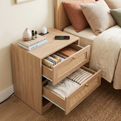 Table de chevet avec éclairage LED et station de recharge, 2 tiroirs 2