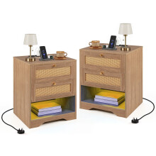 Table de chevet avec éclairage LED et station de recharge, 2 tiroirs