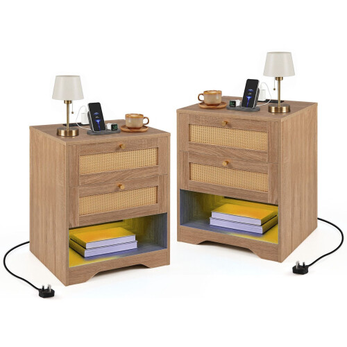 Table de chevet avec éclairage LED et station de recharge, 2 tiroirs