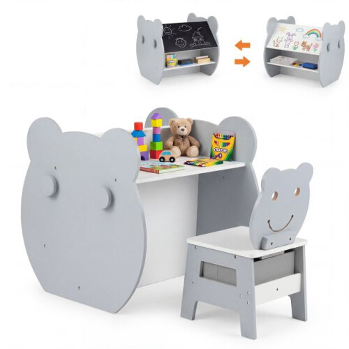 Mesa de arte infantil 3 em 1 com espaço para guardar objetos e cadeira de urso. 1