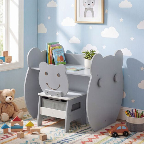 Mesa de arte infantil 3 em 1 com espaço para guardar objetos e cadeira de urso. 2