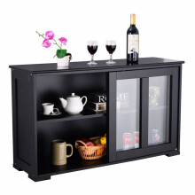 Buffet - HELLOSHOP26 - 106,7 x 33 x 62,5 cm - Noir - MDF et verre trempé - Portes coulissantes