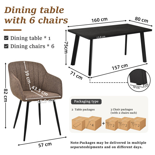 (Set of 7)Dining Table and Chairs Set, Rectangular Wooden Table with 6 Armchairs 1
