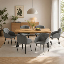 (Set of 7)Dining Table and Chairs Set, Rectangular Wooden Table with 6 Gray Armchairs