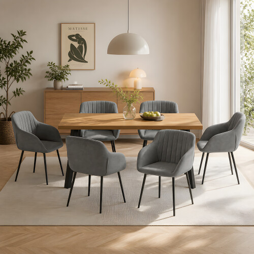 (Set of 7)Dining Table and Chairs Set, Rectangular Wooden Table with 6 Gray Armchairs