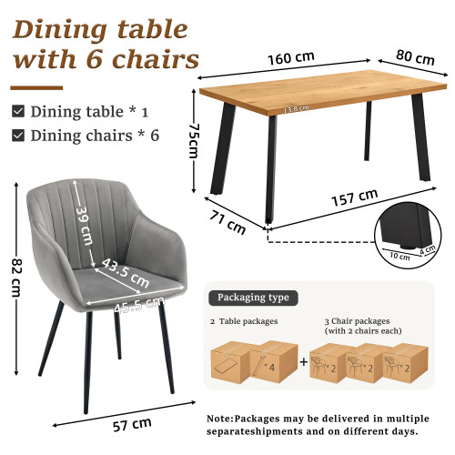 (Set of 7)Dining Table and Chairs Set, Rectangular Wooden Table with 6 Gray Armchairs 1