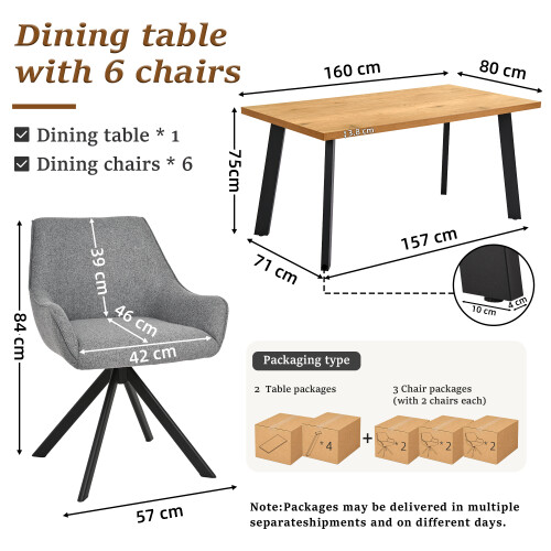 (Set of 7)Dining Table and Chairs Set, Rectangular Wooden Table with 6 Grey Armchairs 1