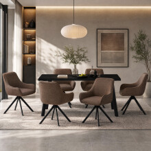 (Set of 7)Dining Table and Chairs Set, Rectangular Wooden Table with 6 Brown Armchairs