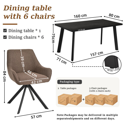 (Set of 7)Dining Table and Chairs Set, Rectangular Wooden Table with 6 Brown Armchairs 1