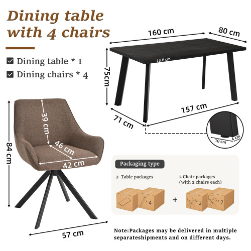 (Set of 5)Dining Table and Chairs Set, Rectangular Wooden Table with 4 Brown Armchairs 2