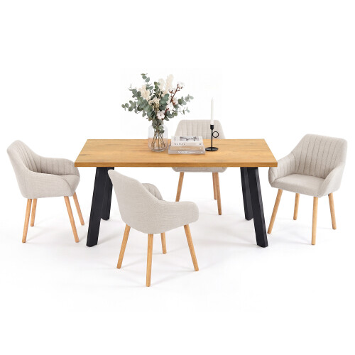 (Set of 5)Dining Table and Chairs Set Rectangular Wooden Table with 4 Upholstered Armchairs 1