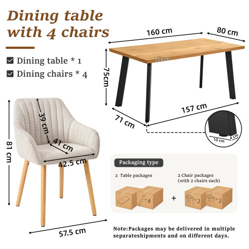 (Set of 5)Dining Table and Chairs Set Rectangular Wooden Table with 4 Upholstered Armchairs 2