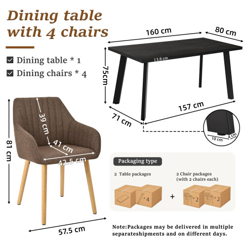 (Set of 5)Dining Table and Chairs Set Rectangular Wooden Table with 4 Brown Armchairs 1