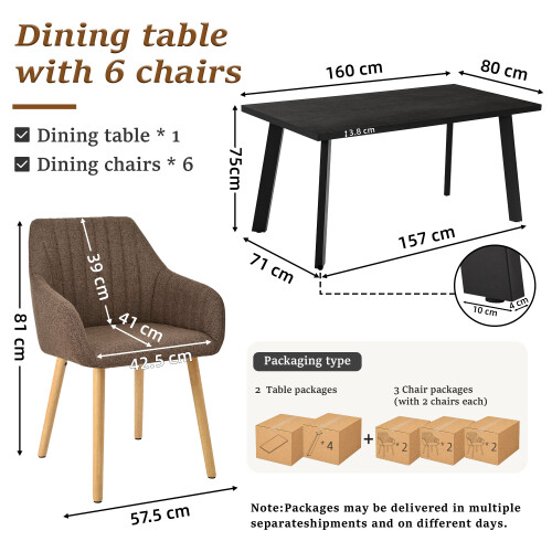 (Set of 7)Dining Table and Chairs Set, Rectangular Wooden Table with 4 Brown Armchairs 1