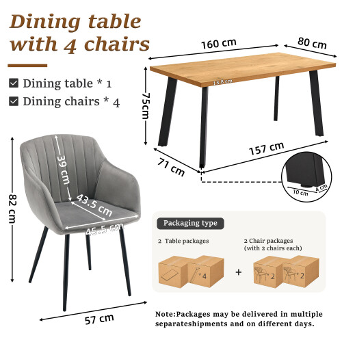 (Set of 5)Dining Table and Chairs Set, Rectangular Wooden Table with 4 Gray Armchairs 1