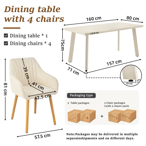 (Travertine, Set of 5)Dining Table and Chairs Set Rectangular Wooden Table with 4 Beige Armchairs 1