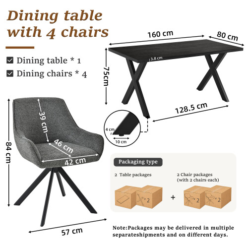 (Set of 5)Dining Table and Chairs Set, Rectangular Wooden Table with 4 Gray Armchairs 1
