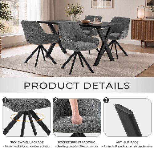 (Set of 5)Dining Table and Chairs Set, Rectangular Wooden Table with 4 Gray Armchairs 2