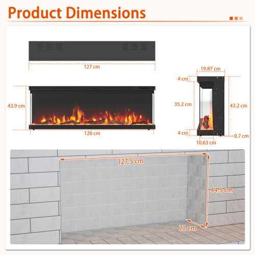 Costway 3 Sided Electric Fireplace 50Inch Recessed/Wall-Mounted 2