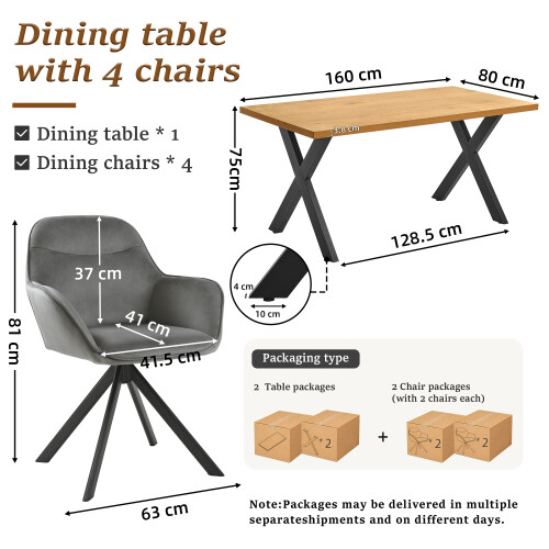 (Set of 5)Dining Table and Chairs Set, Rectangular Wooden Table with 4 Gray Armchairs 1