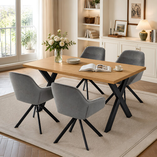 (Set of 5)Dining Table and Chairs Set, Rectangular Wooden Table with 4 Gray Armchairs 2