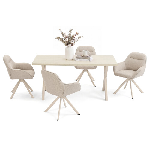 (Set of 5)Dining Table and Chairs Set, Rectangular Wooden Table with 4 Ivory Armchairs 1