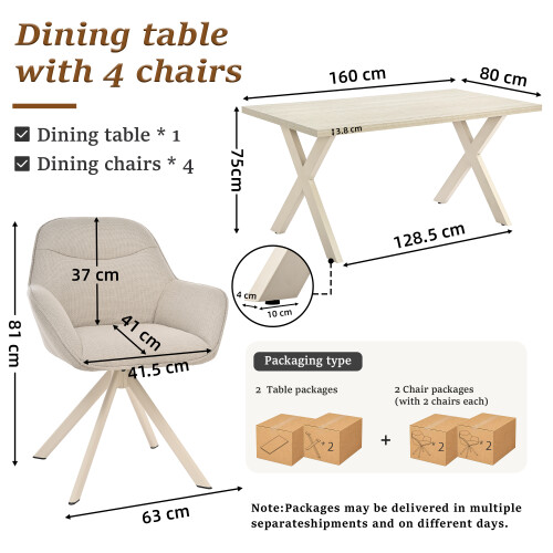(Set of 5)Dining Table and Chairs Set, Rectangular Wooden Table with 4 Ivory Armchairs 2