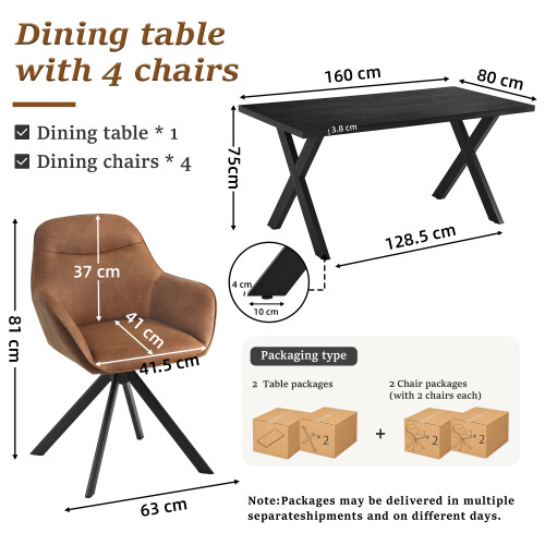 (Set of 5)Dining Table and Chairs Set, Rectangular Wooden Table with 4 Brown Armchairs 1