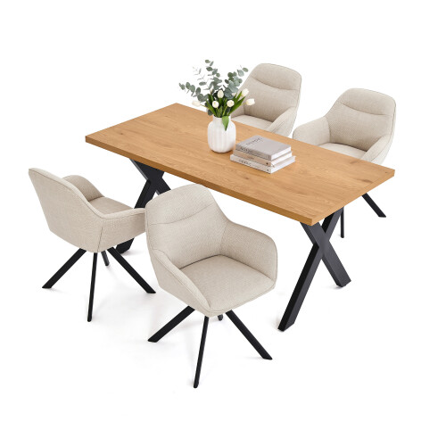 (Set of 5)Dining Table and Chairs Set, Rectangular Wooden Table with 4 Beige Armchairs 1