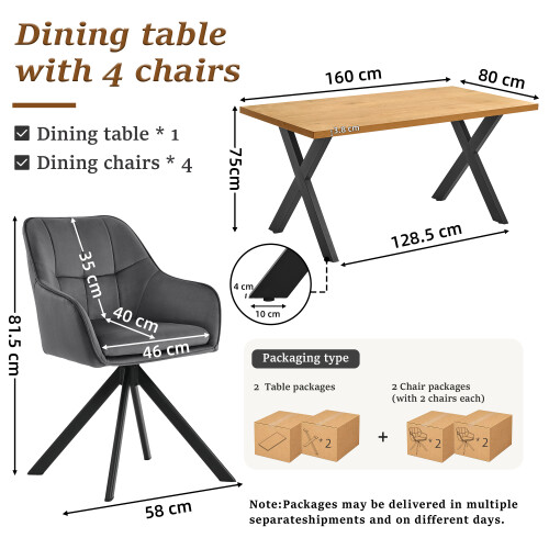 (Set of 5)Dining Table and Chairs Set, Rectangular Wooden Table with 4 Gray Armchairs 1