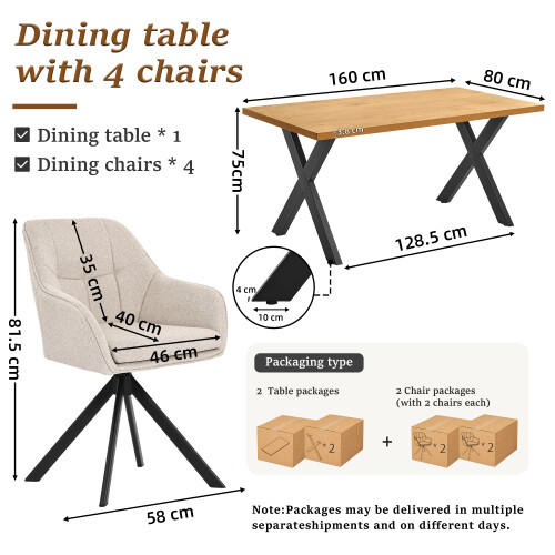 (Set of 5)Dining Table and Chairs Set, Rectangular Wooden Table with 4 Beige Armchairs 1