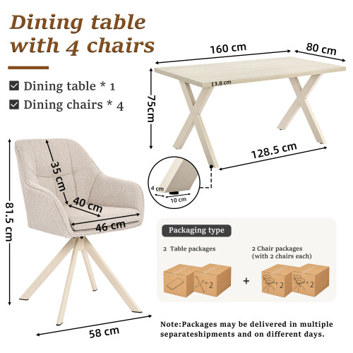 (Set of 5)Dining Table and Chairs Set, Rectangular Wooden Table with 4 Ivory Armchairs 1