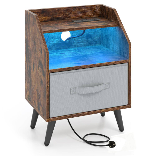 Costway Nightstand with LED Lights & Power Outlets