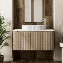 1000mm Fluted Countertop Bathroom Vanity Unit White Oval Basin Wall Hung Storage Oak Effect
