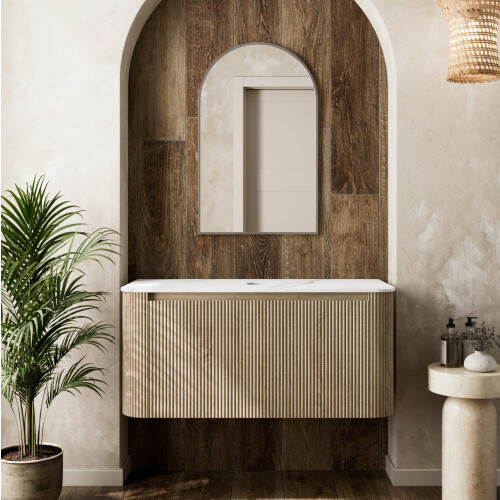 1000mm Fluted Countertop Bathroom Vanity Unit Wall Hung Storage Oak Effect No Basin