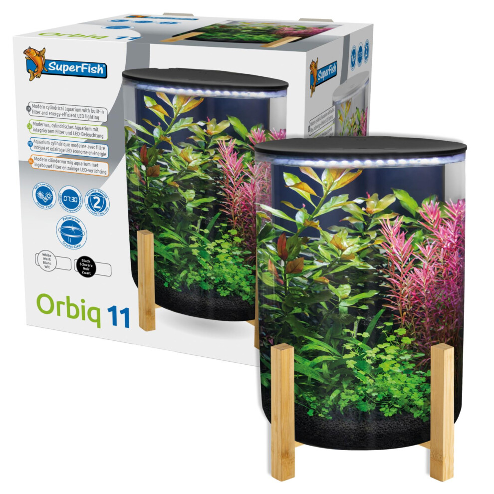 Superfish Orbiq 11 Litre Aquarium Black Cylinder Tube Compact Cylindrical Fish Tank With Bamboo Stand Filter Pump Led Lighting Complete Setup Kit