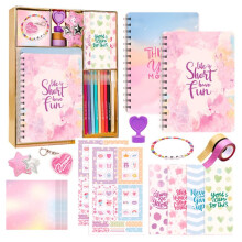 (C) DIY Journal Kit for Girls Birthday Gift Scrapbook Diary 2 Notebooks Vintage Stationery Set with Stickers Washi Tape