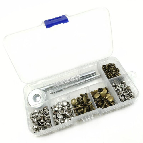 (1) 120 Sets Double-Sided Rivets Leather Craft Tool Kit, Two-Piece Cap Rivets Studs Install Tool, Metal Hat Nails Silver