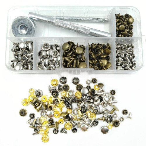 (2) 120 Sets Double-Sided Rivets Leather Craft Tool Kit, Two-Piece Cap Rivets Studs Install Tool, Metal Hat Nails Silver 1