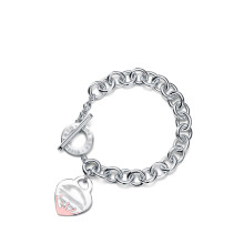 (Style 12) Women Chunky Silver Chain Bracelet, Engraved Heart Tag Toggle Bracelet, 925 Sterling Silver Charm Bracelet, Jewellery Gift for Her