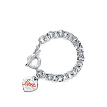 (Style 15) Women Chunky Silver Chain Bracelet, Engraved Heart Tag Toggle Bracelet, 925 Sterling Silver Charm Bracelet, Jewellery Gift for Her