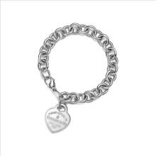 (Style 31) Women Chunky Silver Chain Bracelet, Engraved Heart Tag Toggle Bracelet, 925 Sterling Silver Charm Bracelet, Jewellery Gift for Her