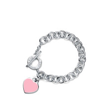 (Style 2) Women Chunky Silver Chain Bracelet, Engraved Heart Tag Toggle Bracelet, 925 Sterling Silver Charm Bracelet, Jewellery Gift for Her