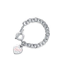 (Style 11) Women Chunky Silver Chain Bracelet, Engraved Heart Tag Toggle Bracelet, 925 Sterling Silver Charm Bracelet, Jewellery Gift for Her